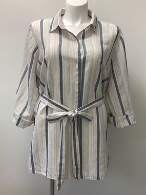 Ellen Tracy Striped Linen-Blend Shirt in Navy and Cream size 2X